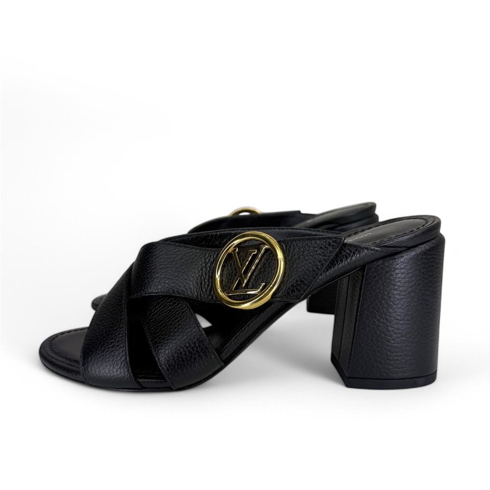NEW LOUIS VUITTON LV Logo Black Leather Block Heel Sandals Mules IT36 - Picture 8 of 13